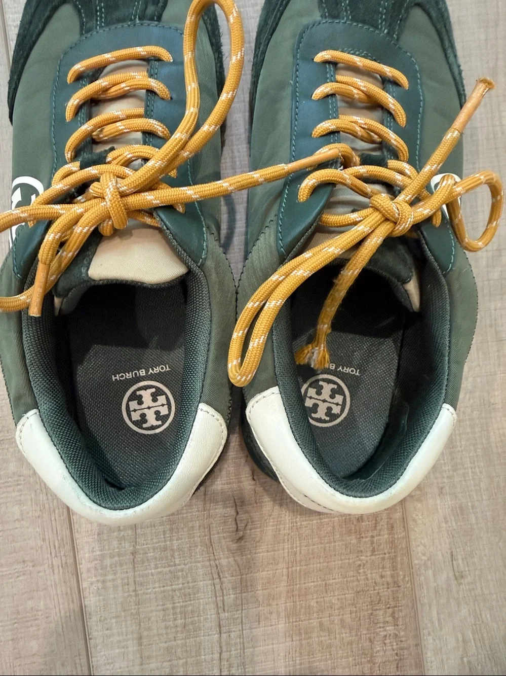 Tory Burch Annie Nylon Green Suede Women’s Sneakers with Yellow Laces-10.5